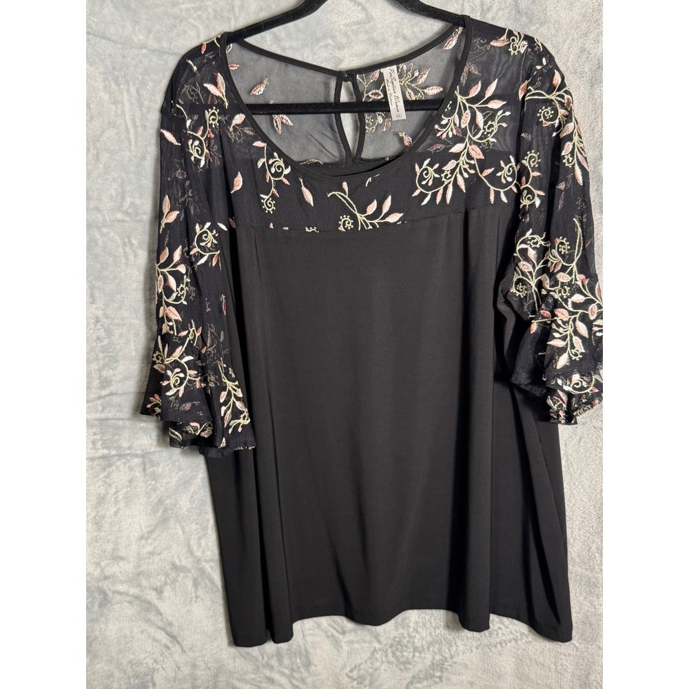 PerSpection Women Black Embroidered Mesh Sleeve Bell Sleeve Top Plus‎ Size 2X